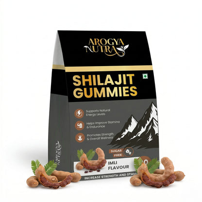 Arogya Nutra Shilajit Gummies packaging with gummies displayed in front on a white background