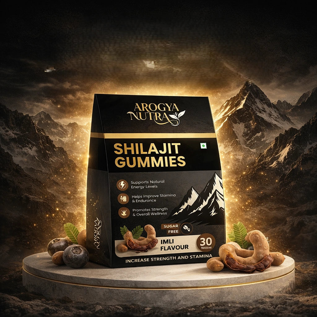 Arogya Nutra Shilajit Gummies packaging with a mountainous background