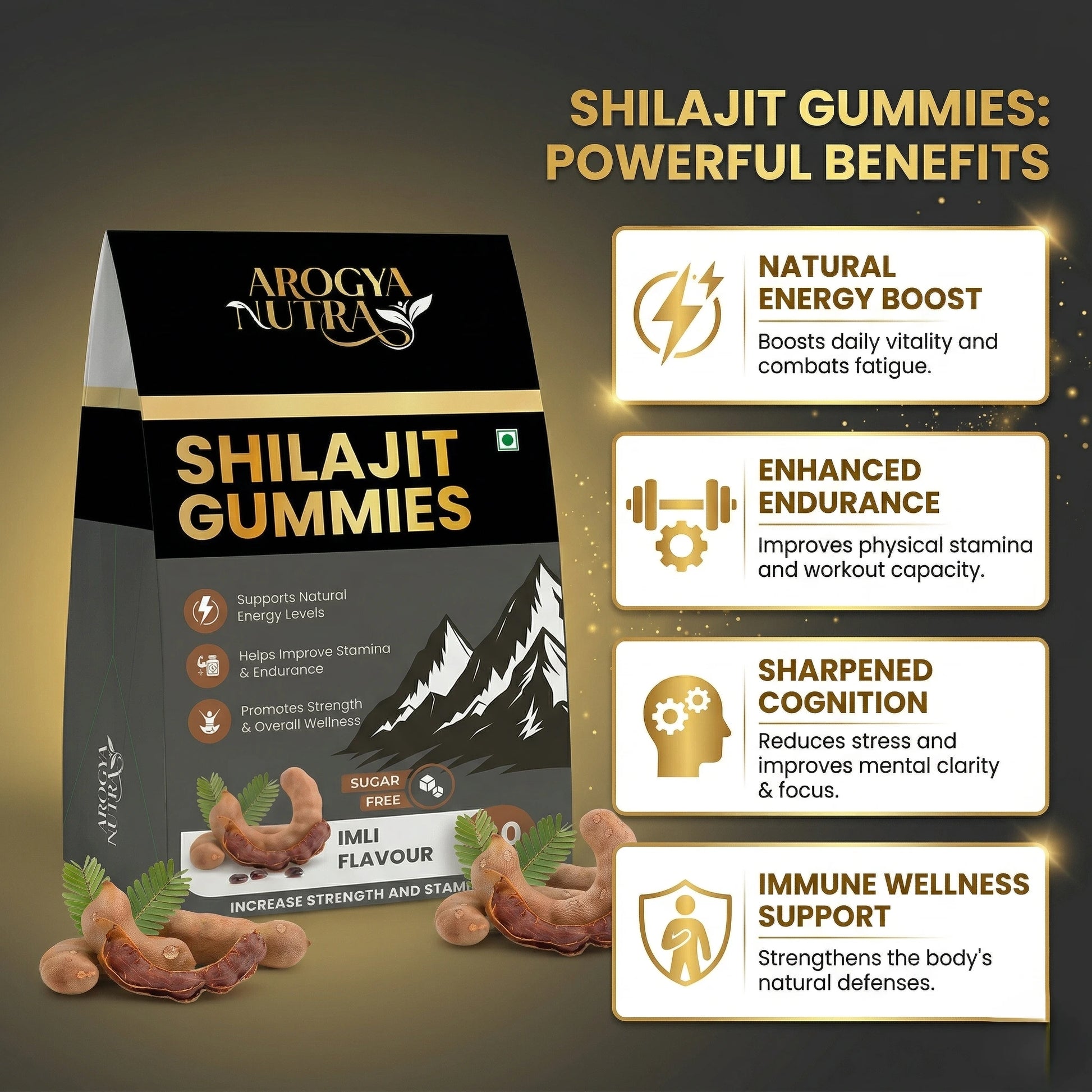 Arogya Nutra Shilajit Gummies packaging with benefits listed on a dark background