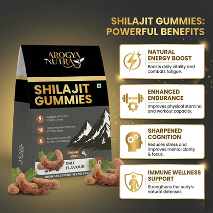 Arogya Nutra Shilajit Gummies packaging with benefits listed on a dark background