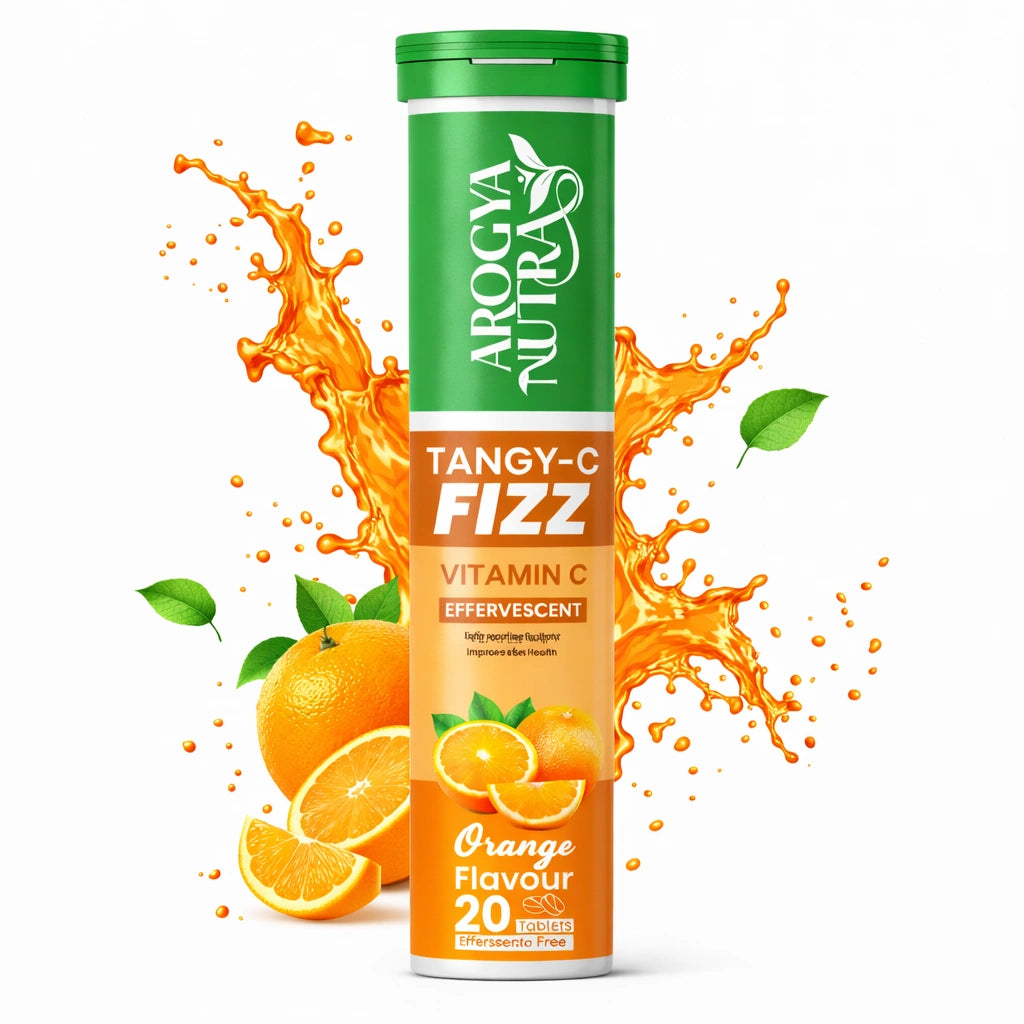 Arogya Nutra Tangy-C Fizz vitamin C effervescent supplement with orange flavor on a white background