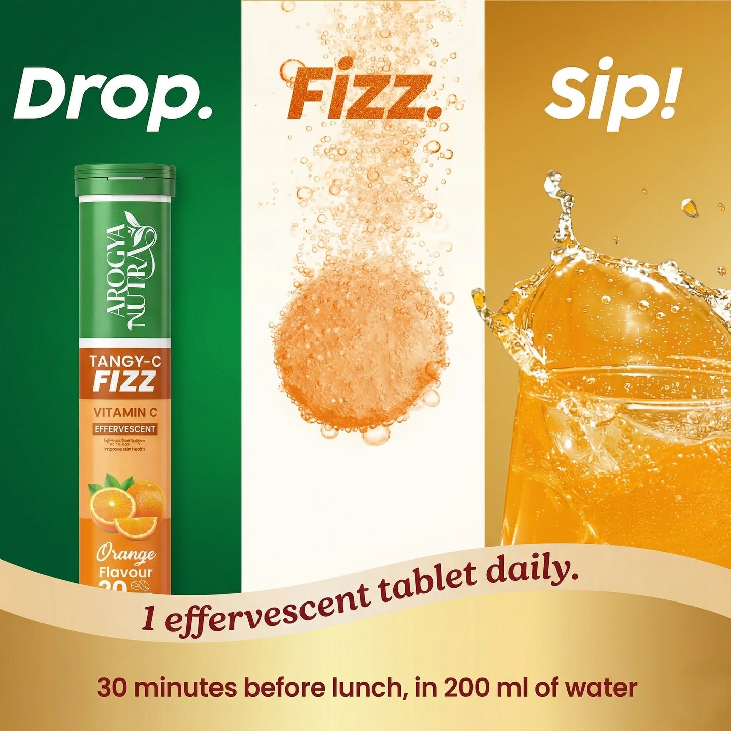Arogya Nutrals Tangy-C Fizz vitamin C effervescent tablet packaging with branding and product details.