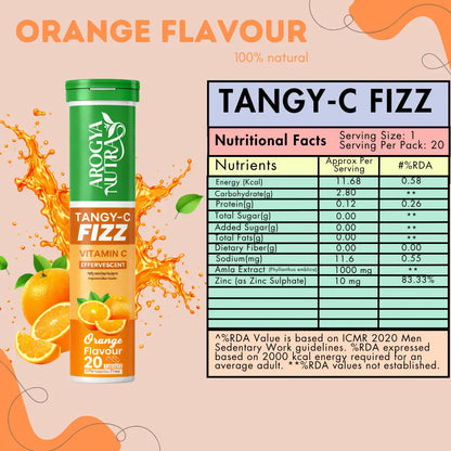 Arogya Nutra Tangy-C Fizz vitamin C supplement with nutritional facts on a colorful background