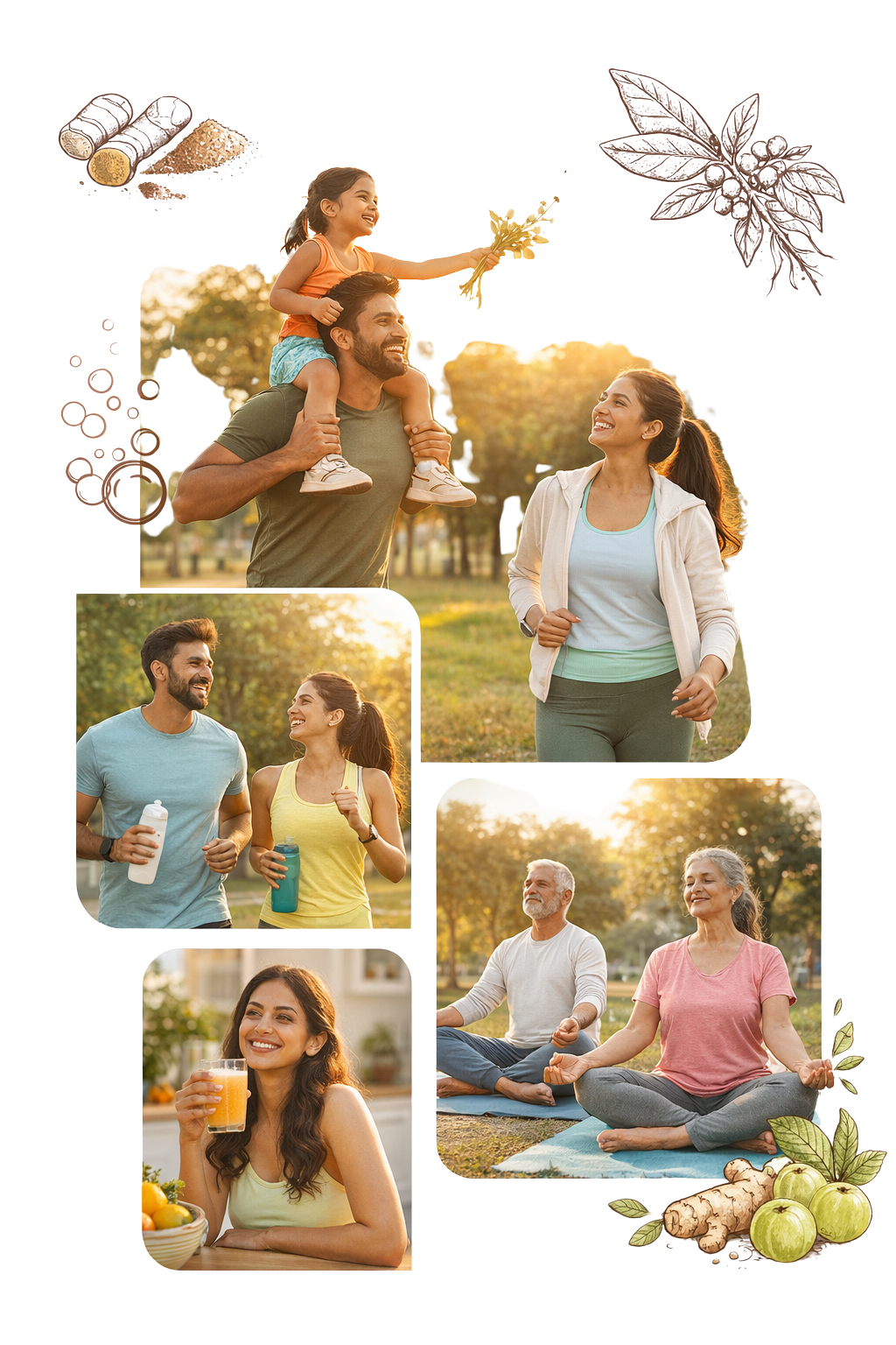 Collage of people enjoying outdoor activities with nature elements.
